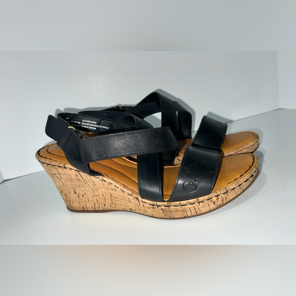 Born Women's Leather Straps Cork Platform‎ Sandal Wedge Black, Size 10